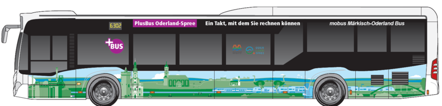 Bild zeigt einen bedruckten Bus des PlusBus Oderland-Spree