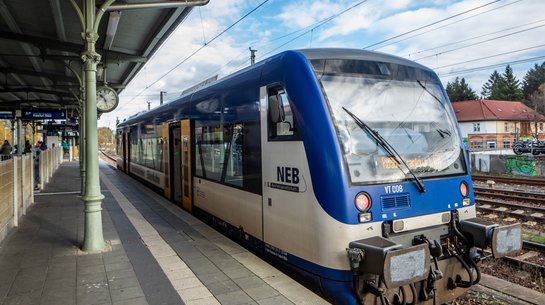 Das Foto zeigt einen Regioshuttle-Zug der Niederbarnimer Eisenbahn in einem Bahnhof.