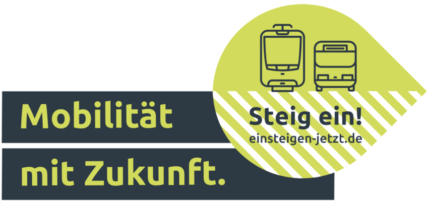 Mobilität mit Zukunft, Grafik Bus und Bahn "Steig ein" mit Verweis auf die Website einsteigen-jetzt.de