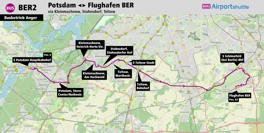 Das Bild zeigt die Streckenführung der Linie BER2 ab 27. Mai 2024 in einer Karte eingezeichnet.