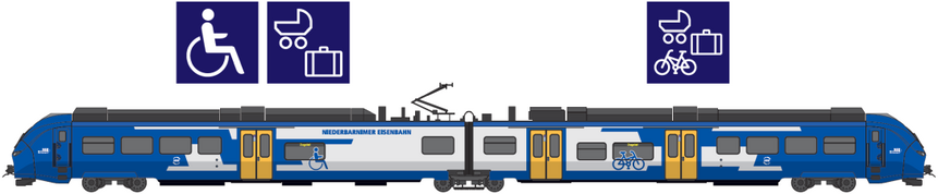 Die Grafik zeigt das Fahrzeug, das auf der Linie RB54 eingesetzt wird.