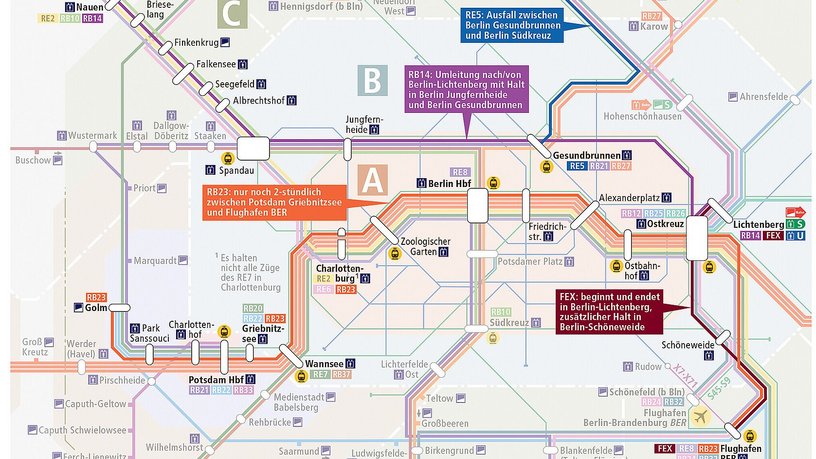 Das Bild zeigt einen Liniennetz-Ausschnitt mit den Bauarbeiten im Berliner Fernbahntunnel 2025