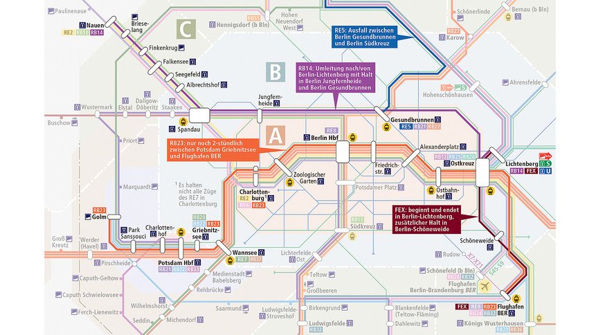 Das Bild zeigt einen Liniennetz-Ausschnitt mit den Bauarbeiten im Berliner Fernbahntunnel 2025