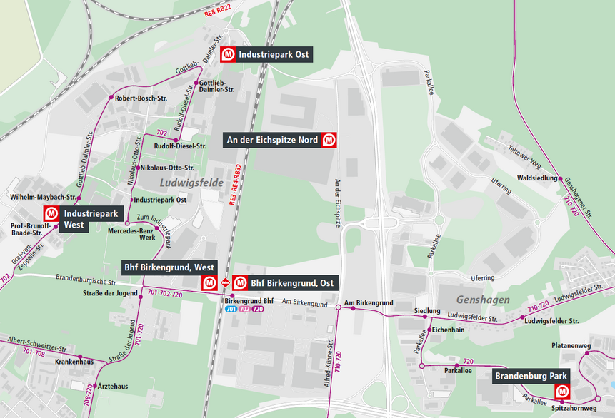 Die Grafik zeigt die Standorte der VBB-Mobilstationen in Ludwigsfelde in einer Karte illustriert.