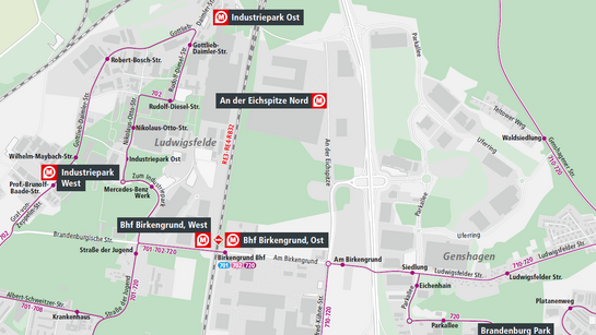 Die Grafik zeigt die Standorte der VBB-Mobilstationen in Ludwigsfelde in einer Karte illustriert.