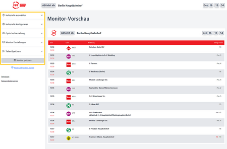 Das Bild zeigt die Einstellmöglichkeiten des VBB-Abfahrmonitors.