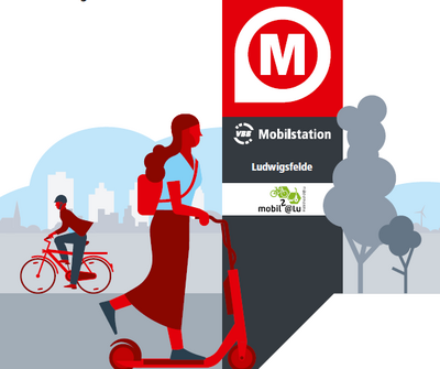 Die Illustration zeigt Personen mit Fahrrad und E-Roller an einem Schild, auf dem VBB-Mobilstation steht.