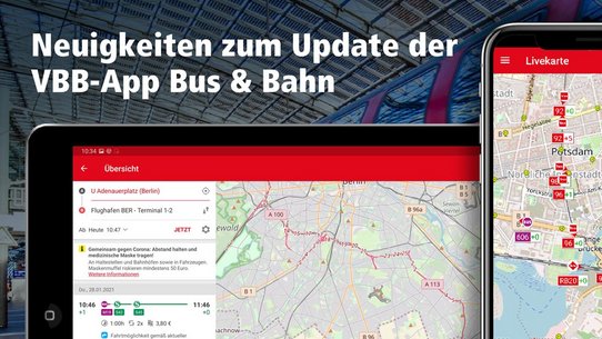 Abbildung Livekarte auf Tablet und Mobiltelefon - Neuigkeiten zum Update der VBB-App Bus & Bahn