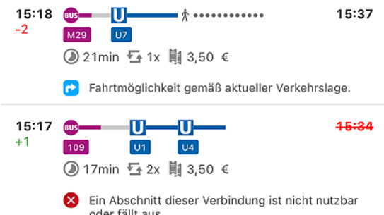 Die Grafik zeigt einen Screenshot aus der VBB-App Bus&Bahn, auf der Fahrtausfälle und eine alternativ berechnete Fahrverbindung dargestellt werden.