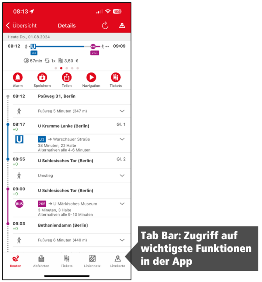 Die Grafik zeigt einen Screenshot aus der VBB-App Bus&Bahn.