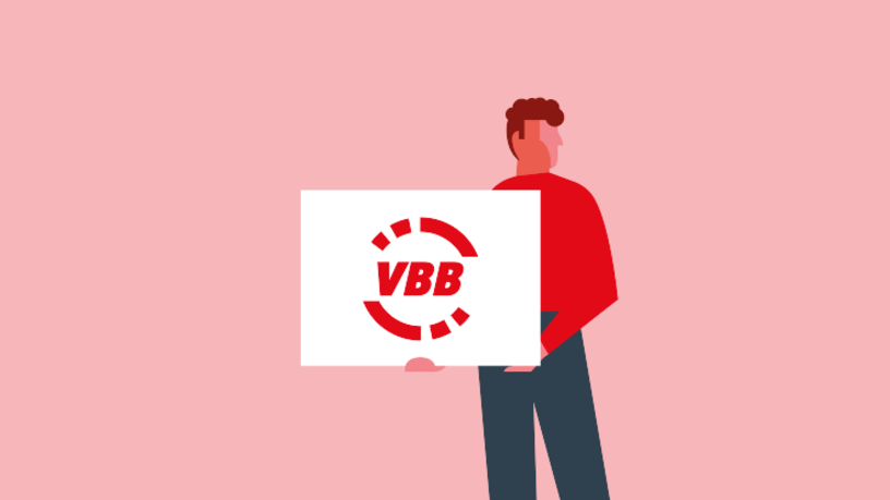 Silouhette einer Person, welche in der Hand ein Schild mit dem VBB-Logo hält.