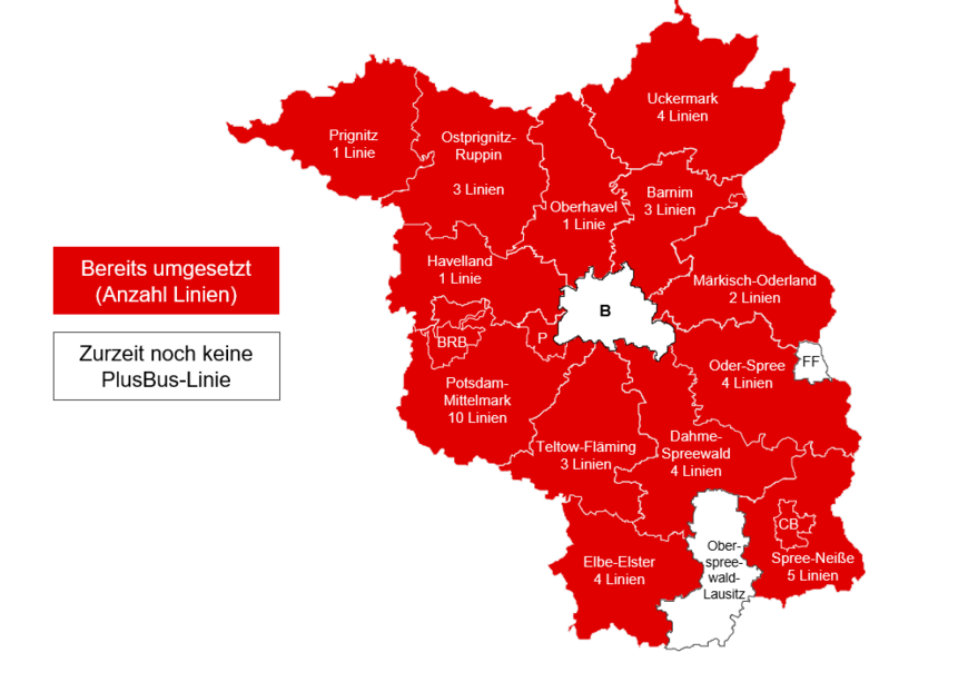 Abbildung zeigt eine Karte mit den Landkreisen von Brandenburg. Landkreise mit PlusBus-Linien sind markiert.