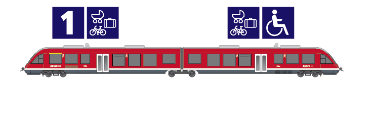 Die Grafik zeigt das Fahrzeug, das auf der Linie RB55 eingesetzt wird.